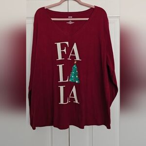EVRI Burgundy Holiday V-Neck Top with Tree Graphic, Size 2X